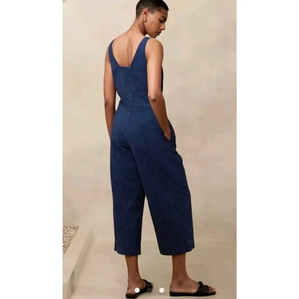 Banana Republic Womens 2 Jumpsuit Wide-Leg Crop Linen Pockets Indigo‎ Striped